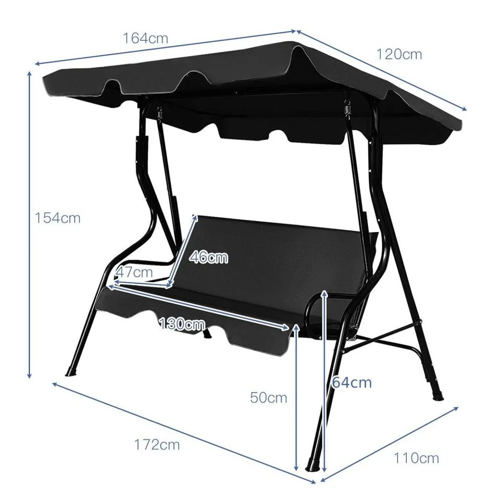 Costway Garden Patio Metal Swing Chair 3 Seater Hammock Bench Swinging Cushioned Seat in Black 2