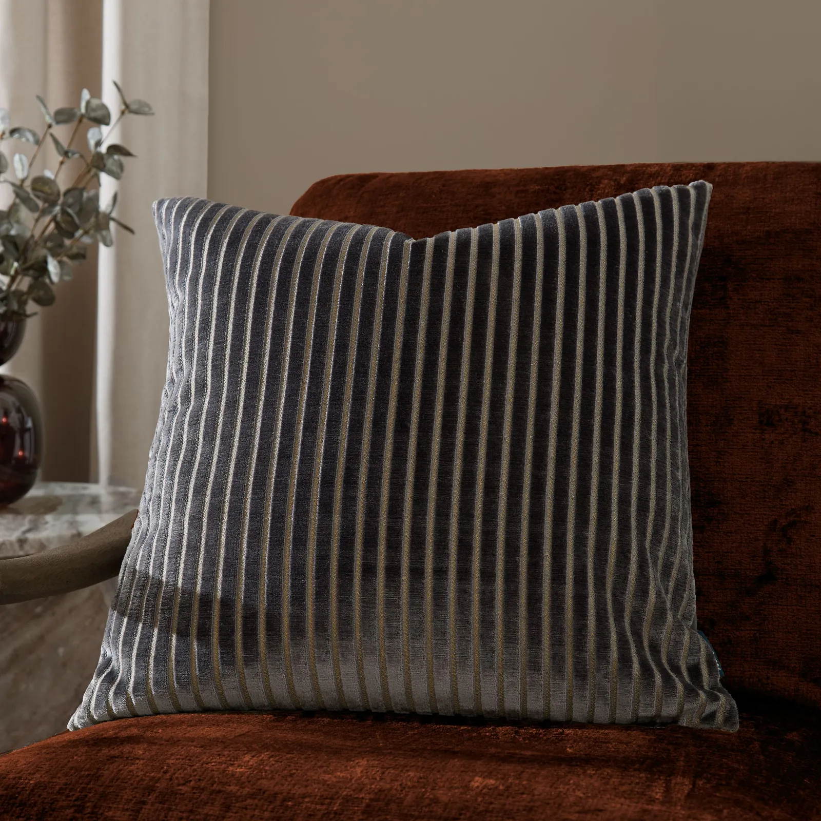 Paoletti Savoy Stripe Velvet Cushion in Charcoal 1