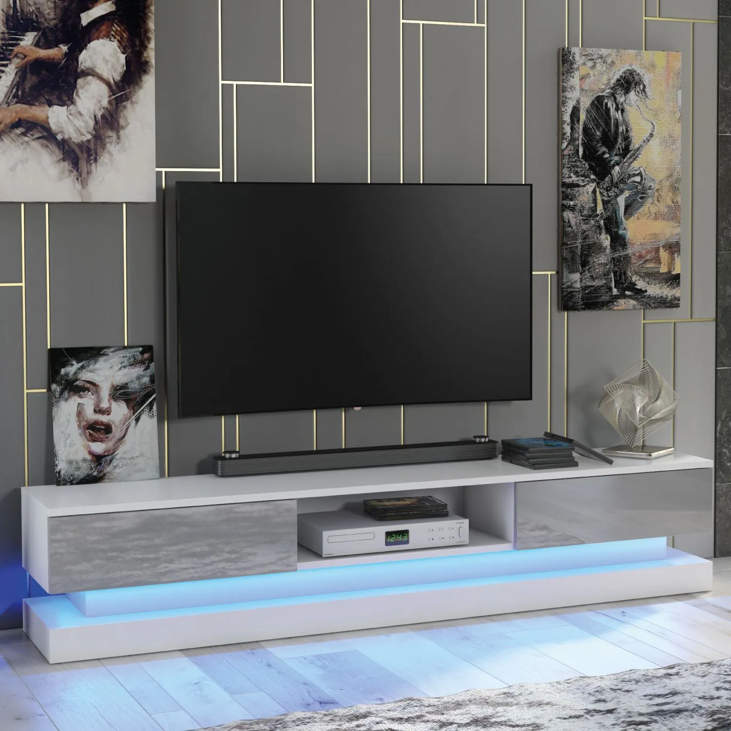 Creative Furniture Bloom TV Unit 180cm - A Functional & Contemporary Cabinet with Gloss Doors & LED Lights in Grey 5