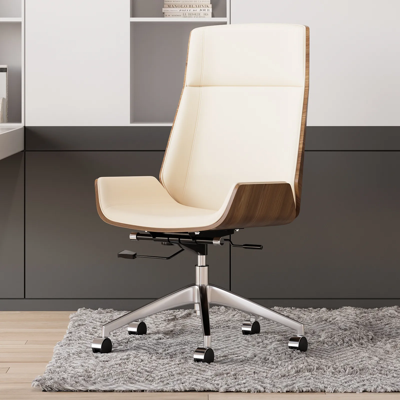 White Faux Leather Office Chair Desk Chair with Wheels & Adjustable Height