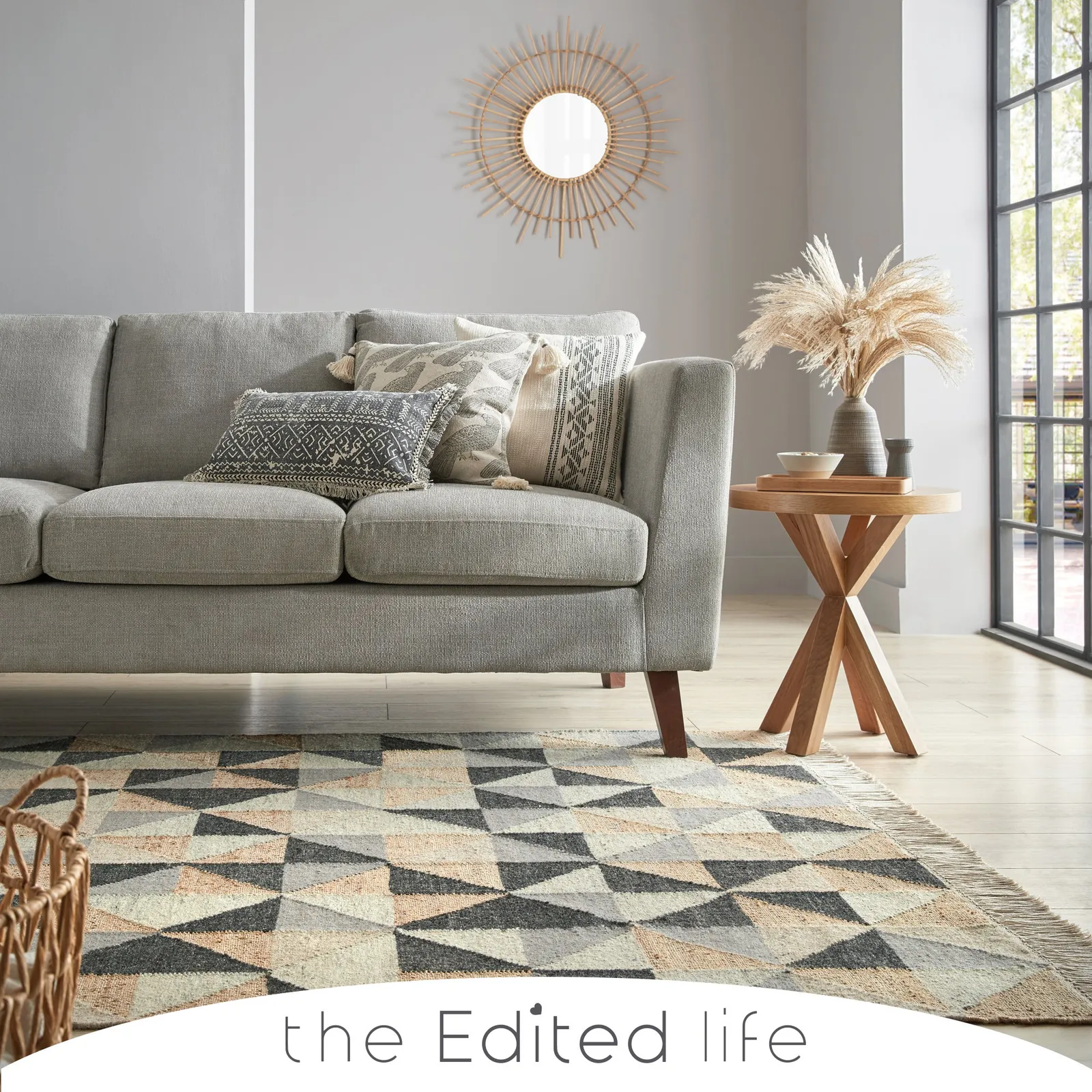 Jute Blend Triangle Patterned Rug Charcoal/Beige