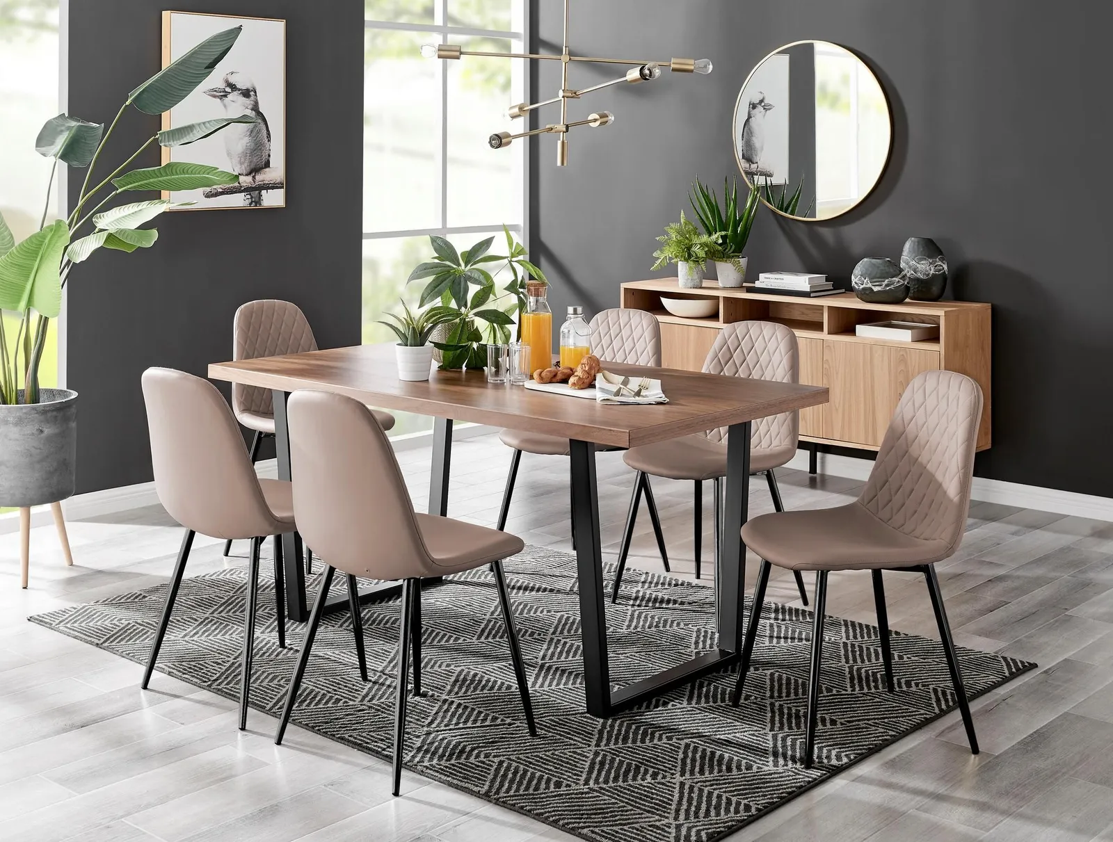 FurnitureboxUK Kylo Large Brown Wood Effect Dining Table & 6 Corona Black Leg Feax Leather Chairs in Beige
