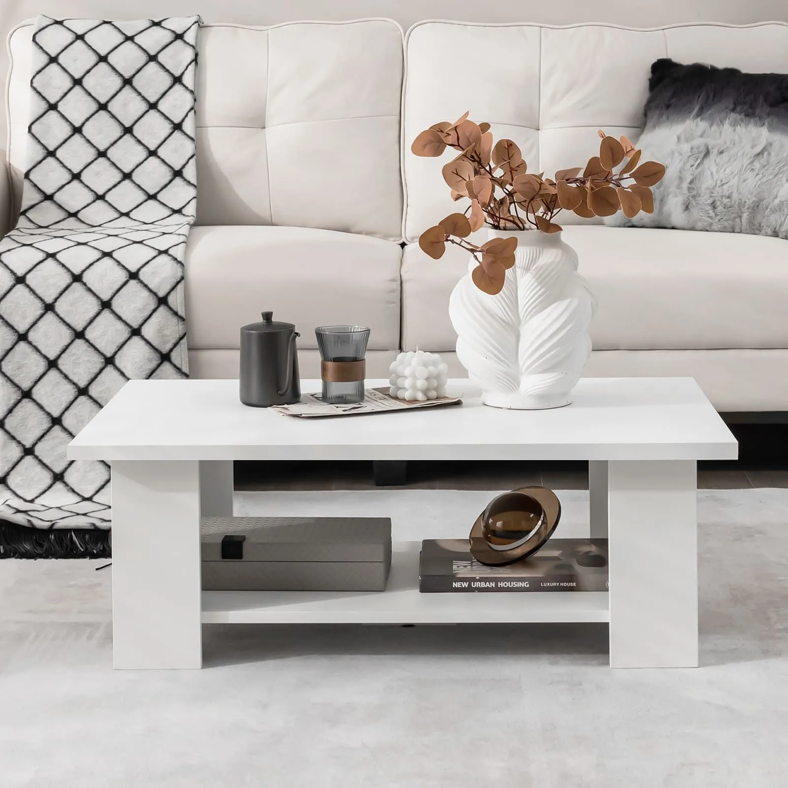 Costway Coffee Table Modern Cocktail Table for Small Space with Storage in White 4