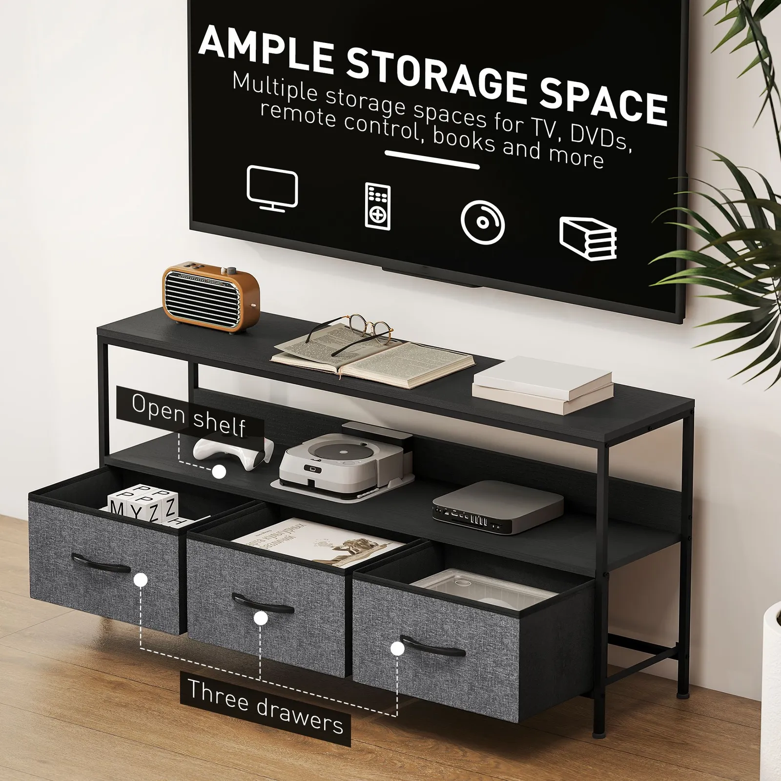 HOMCOM TV Cabinet, TV Console Unit with 3 Foldable Linen Drawers Black 6