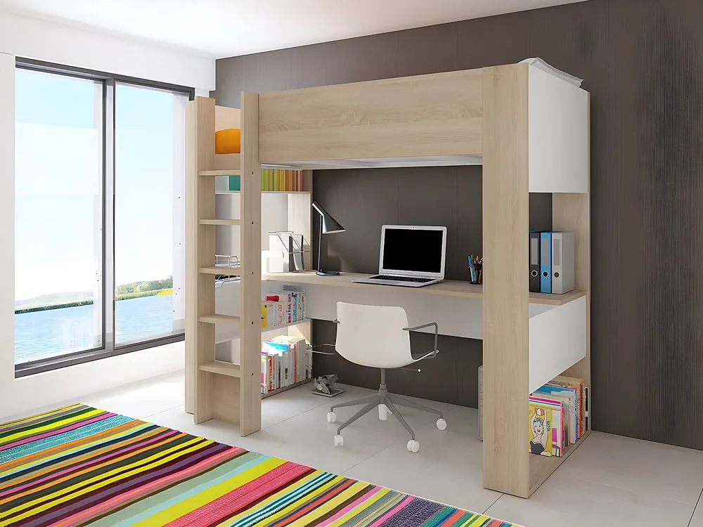 Vente-unique High Sleeper Bed With Integrated Desk & Storage - 90 X 200 Cm - Oak in Light Oak 3