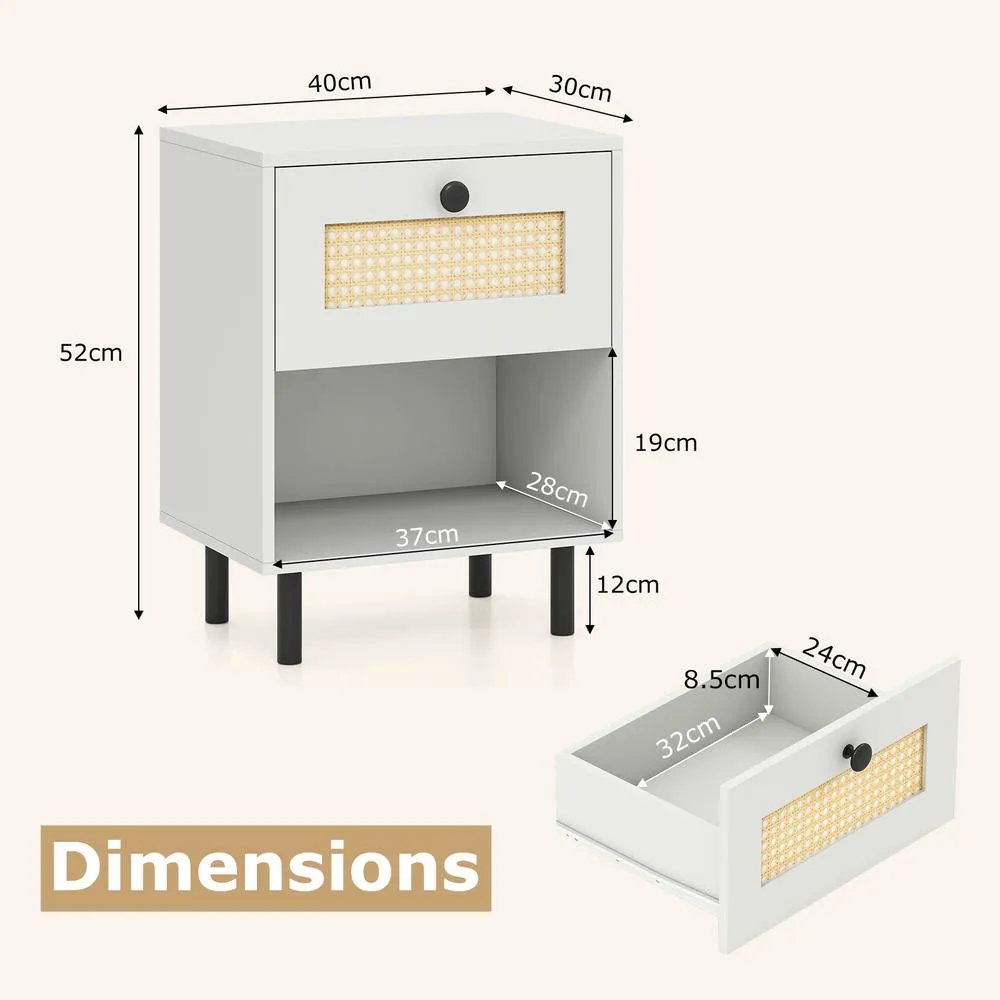 Costway Rattan Nightstand Boho Style Bedside Table with Drawer & Open Storage Shelf in White 2