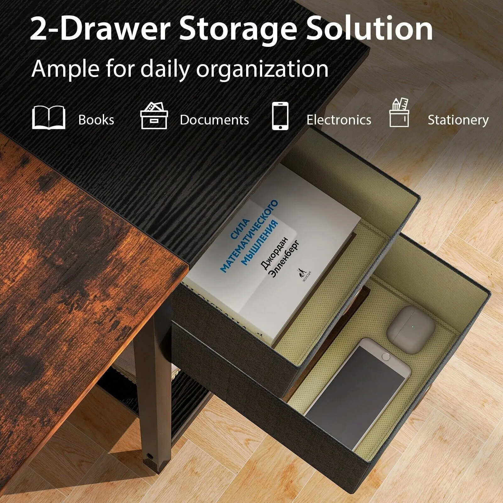 Costway 120 cm Home Office Desk Writing Desk Modern Computer Workstation with 2 Drawers in Brown 3