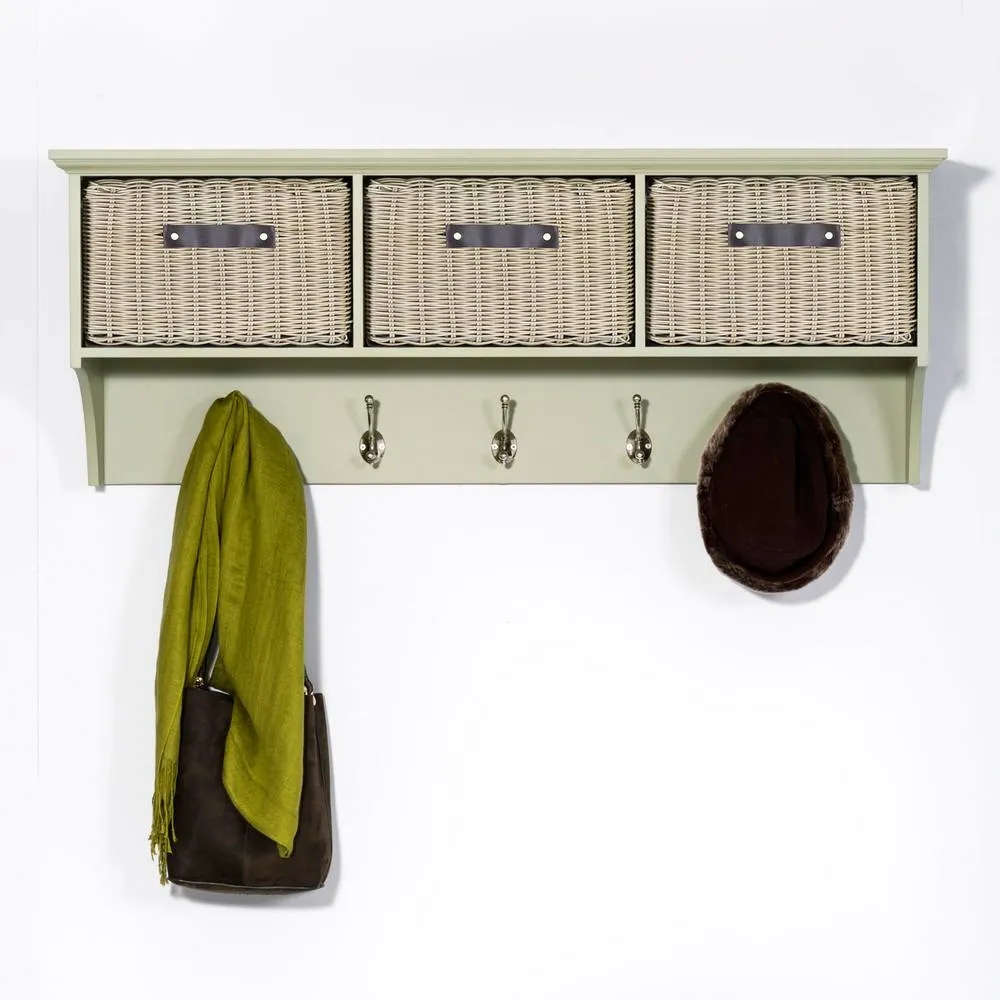 Statement Furniture Tetbury Large Coat Rack Hanging Shelf with 3 Brown Storage Baskets in Light Green 1
