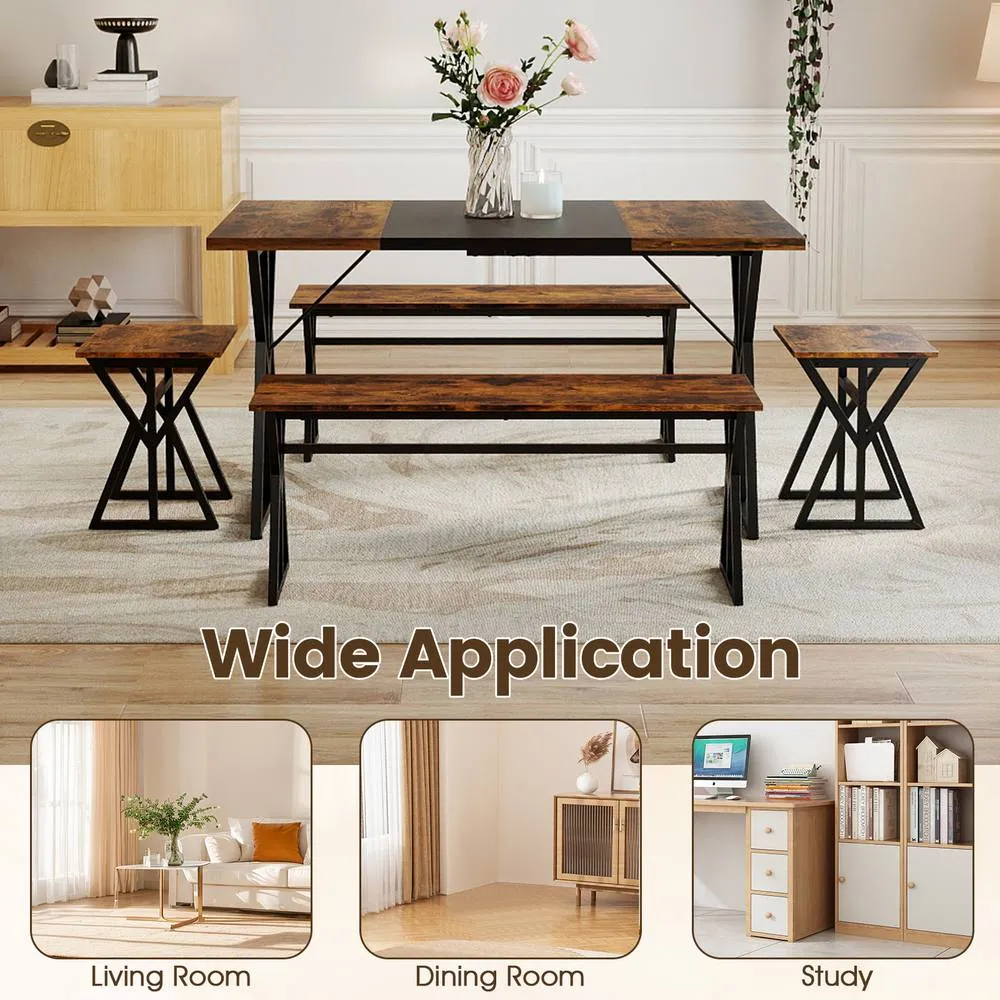 Costway 5PCS Dining Room Set Industrial Kitchen Table w/2 Benches & 2 Stools in Brown 6