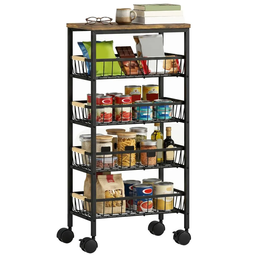 HOMCOM Metal Kitchen Trolley with Pull-Out Baskets, Rustic Brown 2