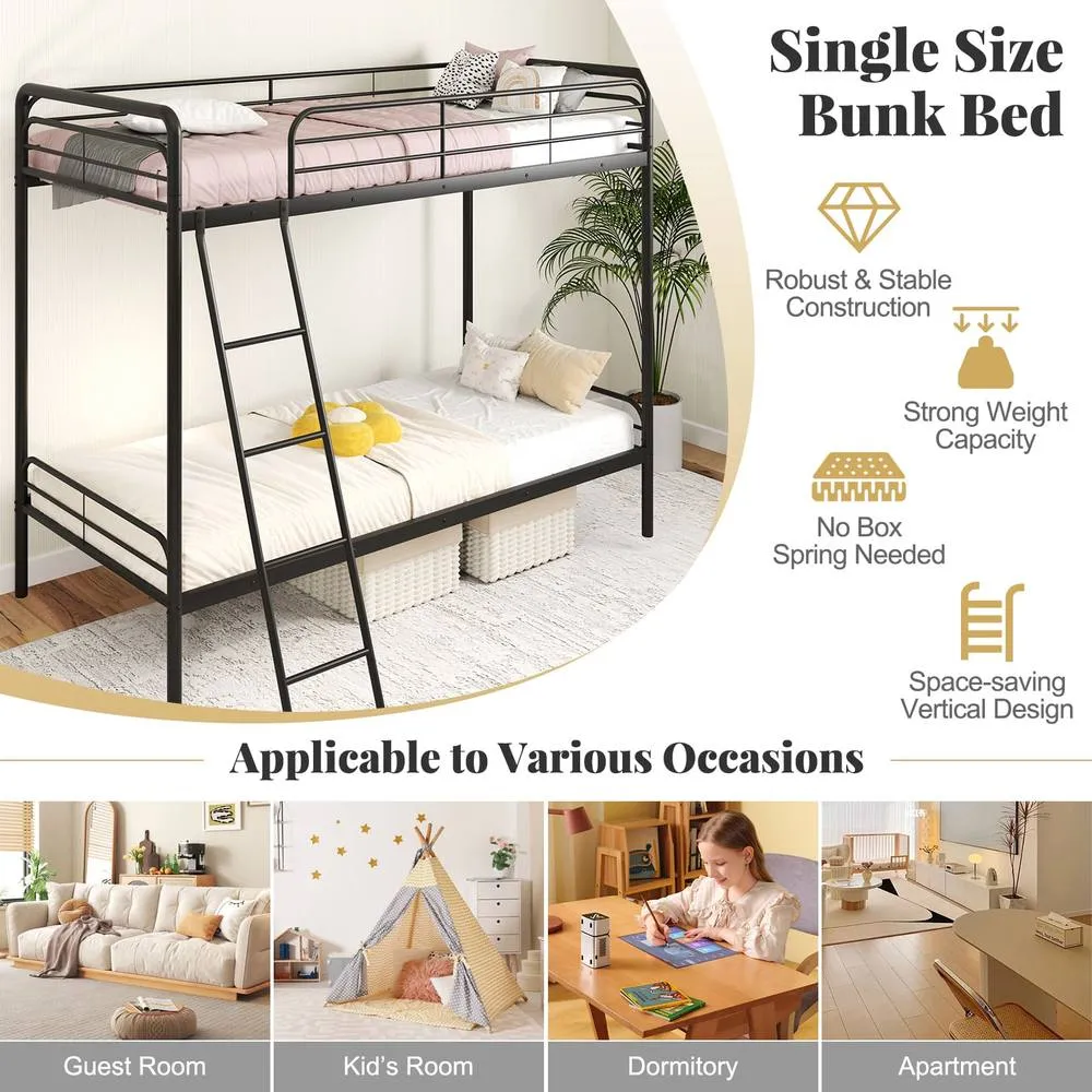 Costway Metal Bunk Bed Heavy Duty Single Over Single Bunk Bed w/Ladder-Black in Black 3