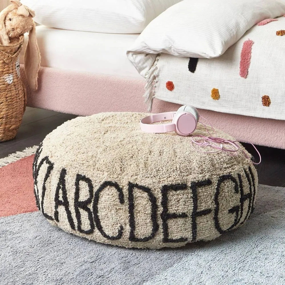Wyld and Coco Alphabet Floor Cushion 60 x 60 cm Beige Cotton