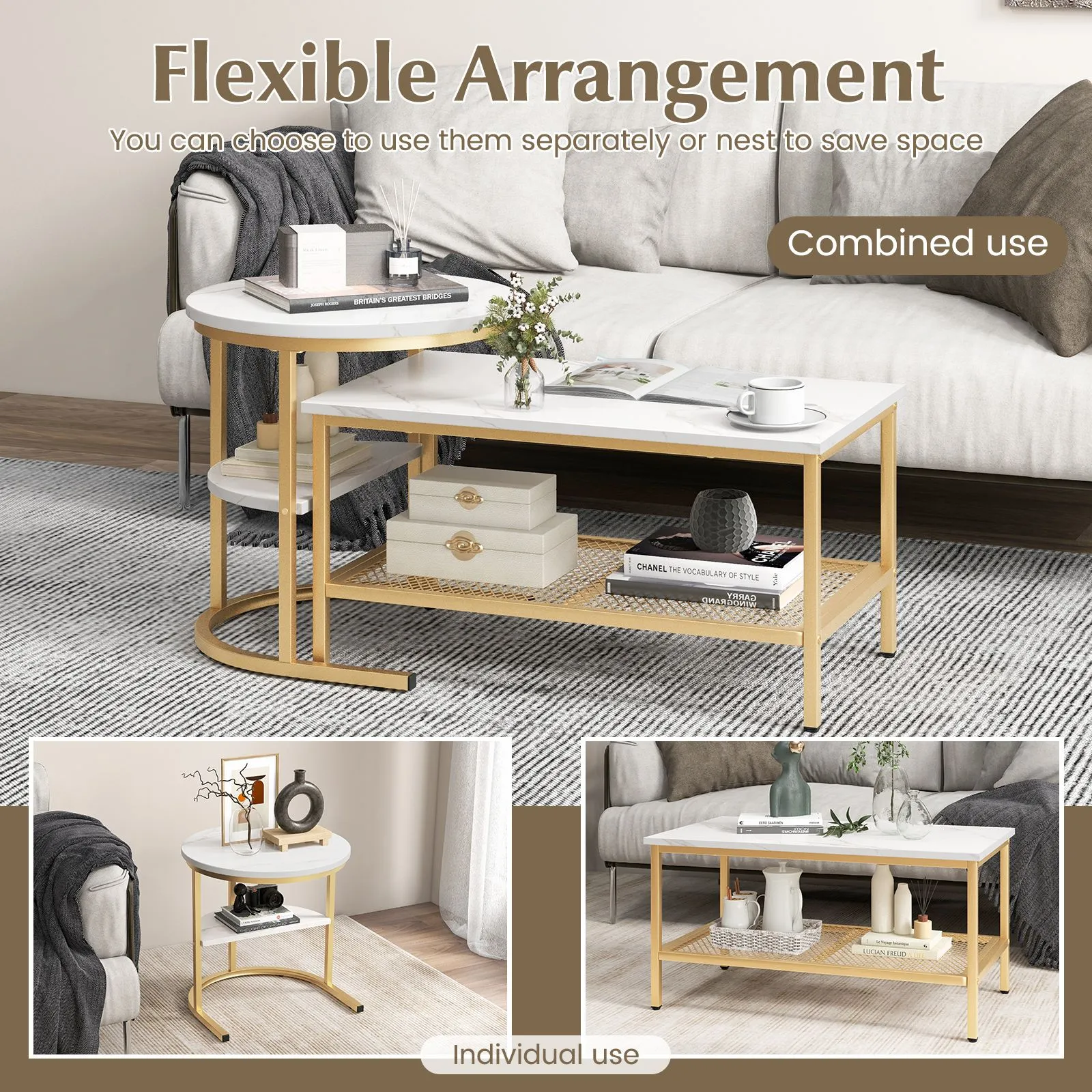 Costway Set of 2 Coffee Nesting Table Set Detachable 2-Tier Sofa Side Table Faux Marble in Gold 5
