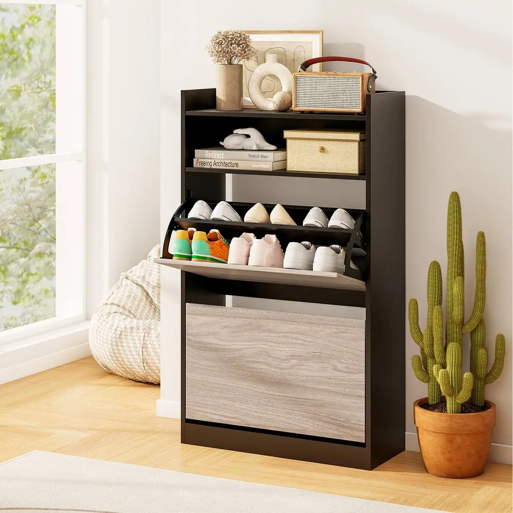 Costway Slim Hidden Narrow Shoe Organizer Cabinet with Open Storage-Black in Black
