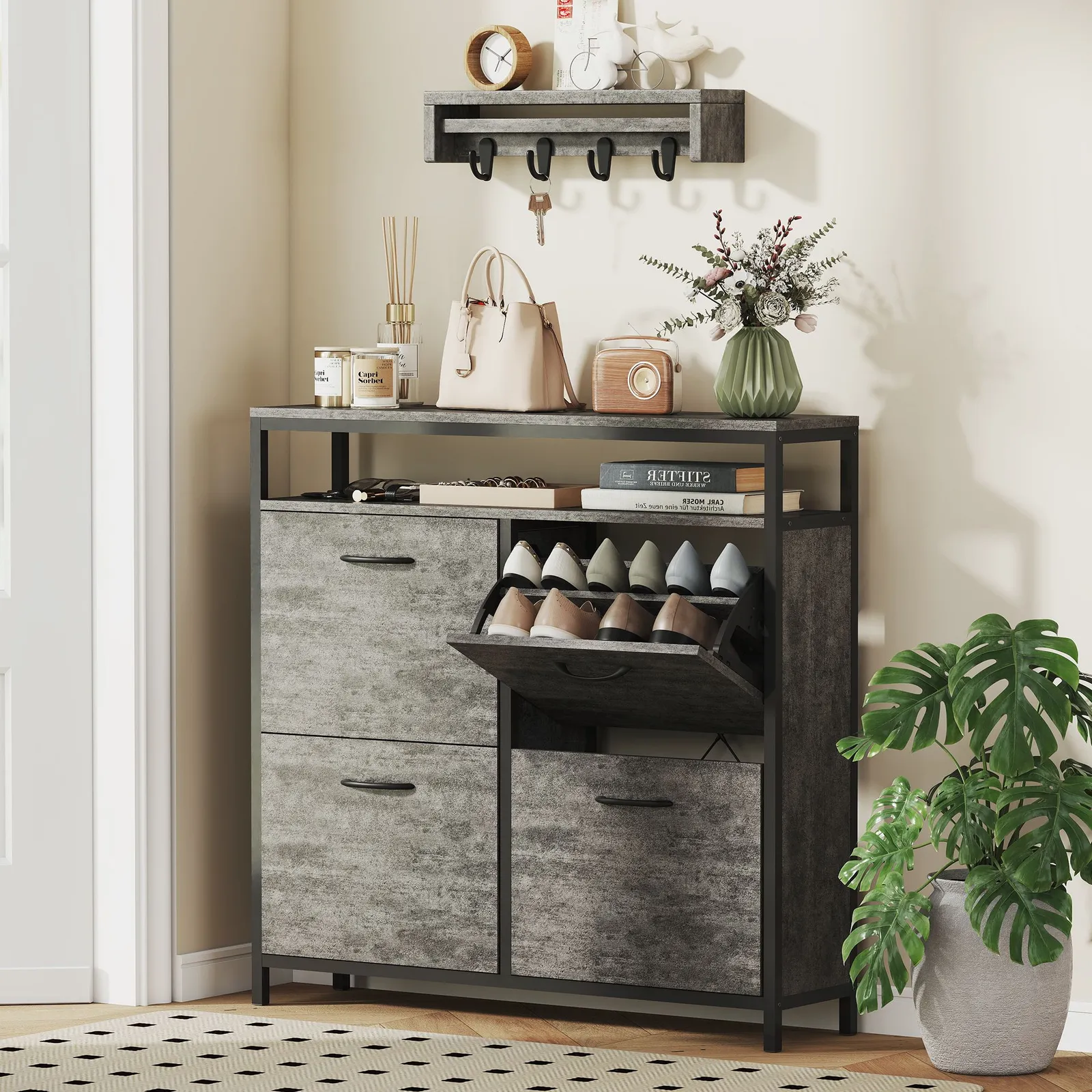 HOMCOM Shoe Cabinet with 4 Flip Drawers, Holds 12-20 Pairs in Grey