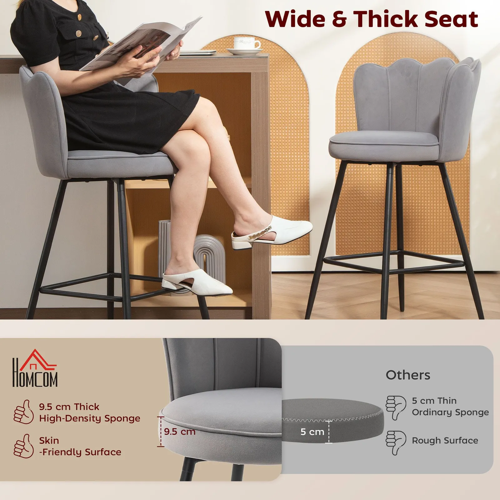 HOMCOM Set of 2 Barstools with Petal Backrest for Kitchen Island in Grey 4