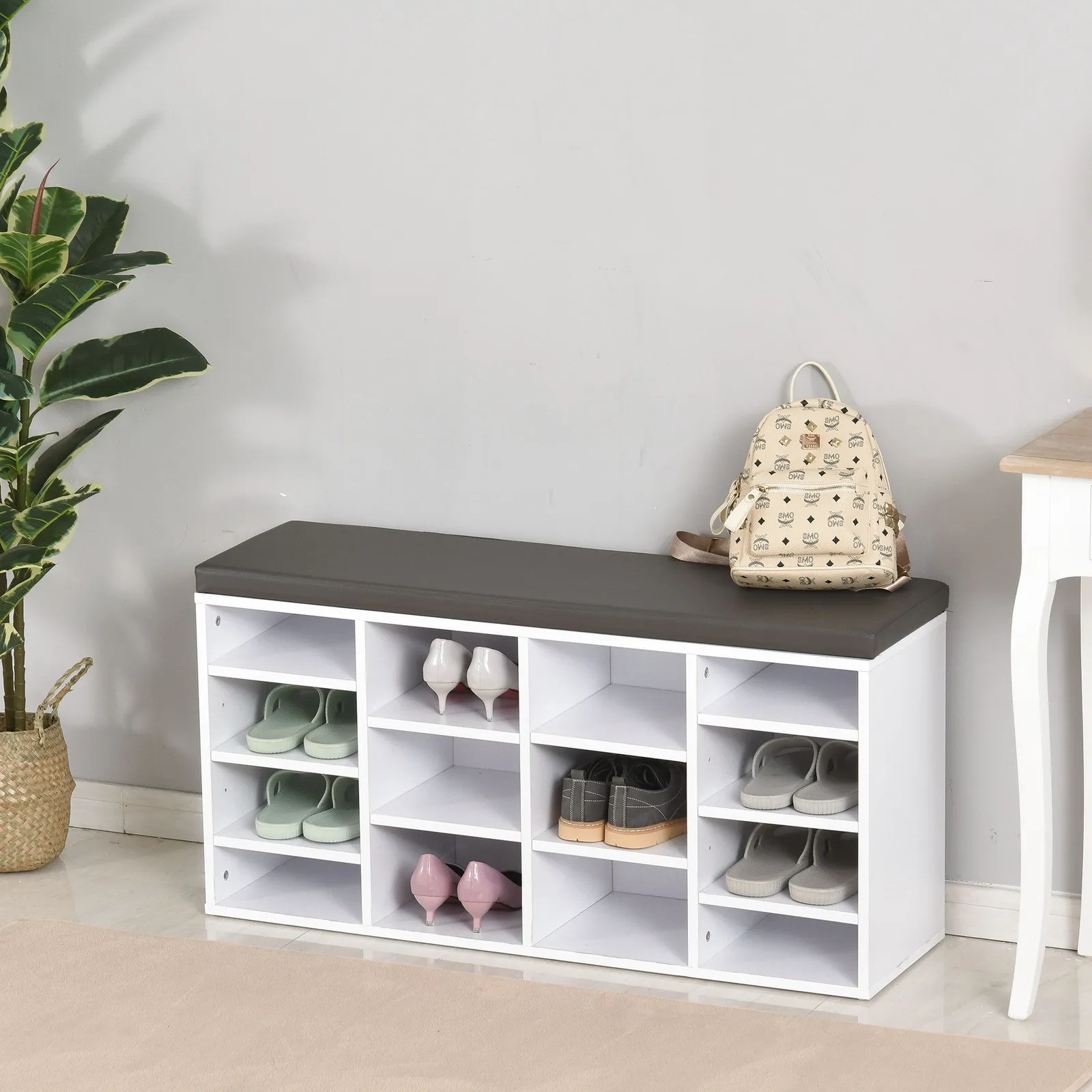 HOMCOM Shoe Rack w/ 14 Compartments Cushion Moving Shelves for Home in White