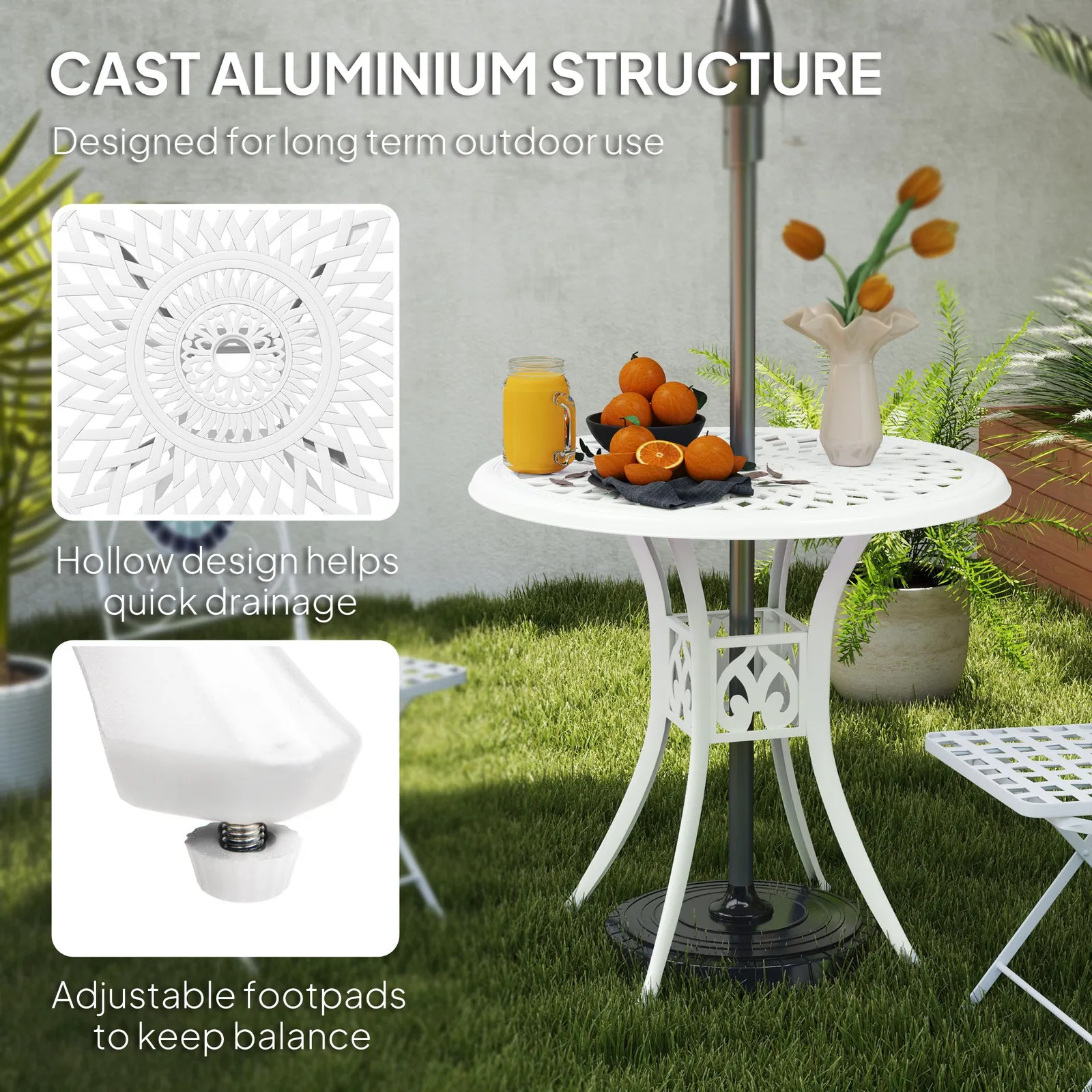 OUTSUNNY 78 cm Round Garden Dining Table with Parasol Hole in White 4