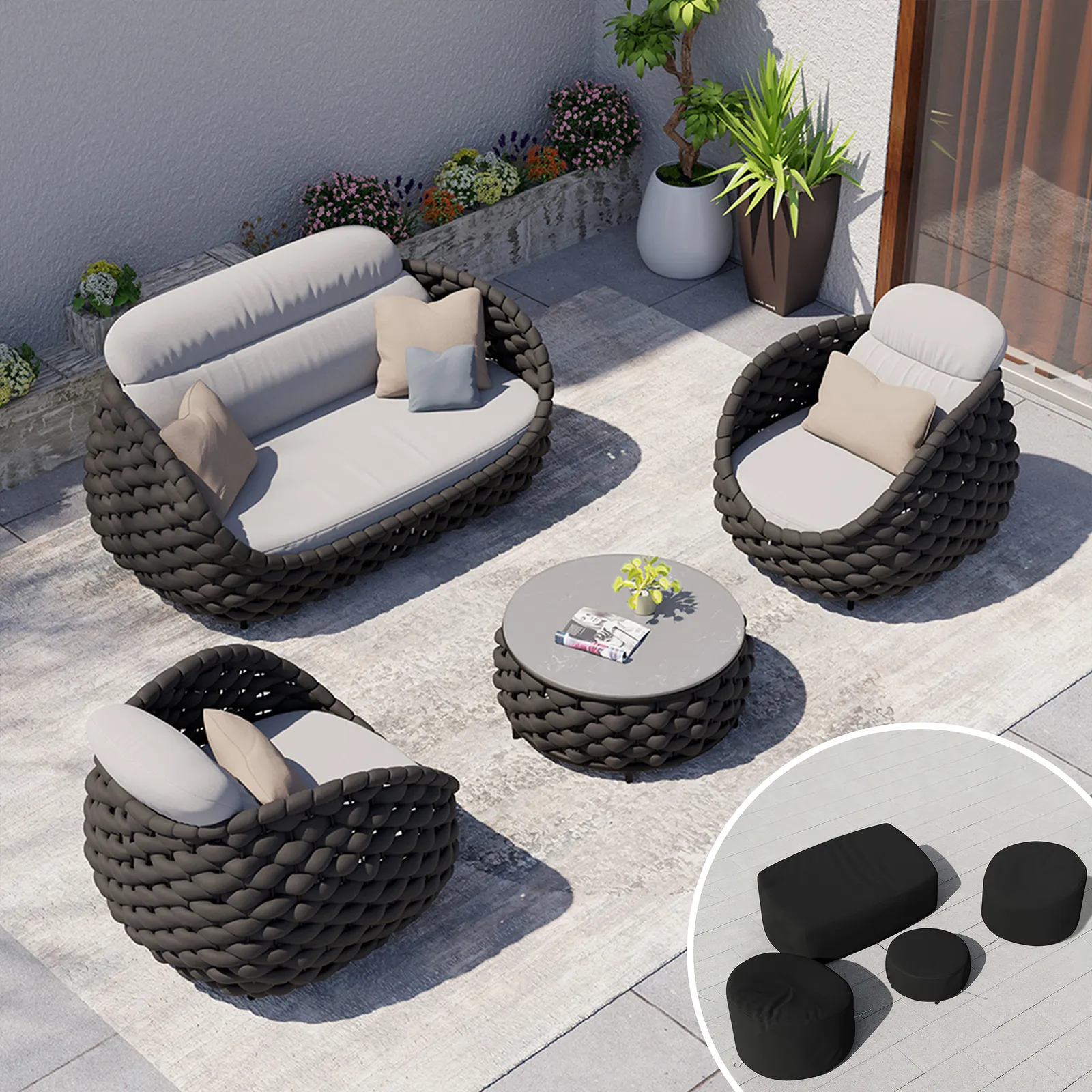 Cocaro 8-Piece Outdoor Rope Weave Sofa Set with Black Cover in Dark Gray