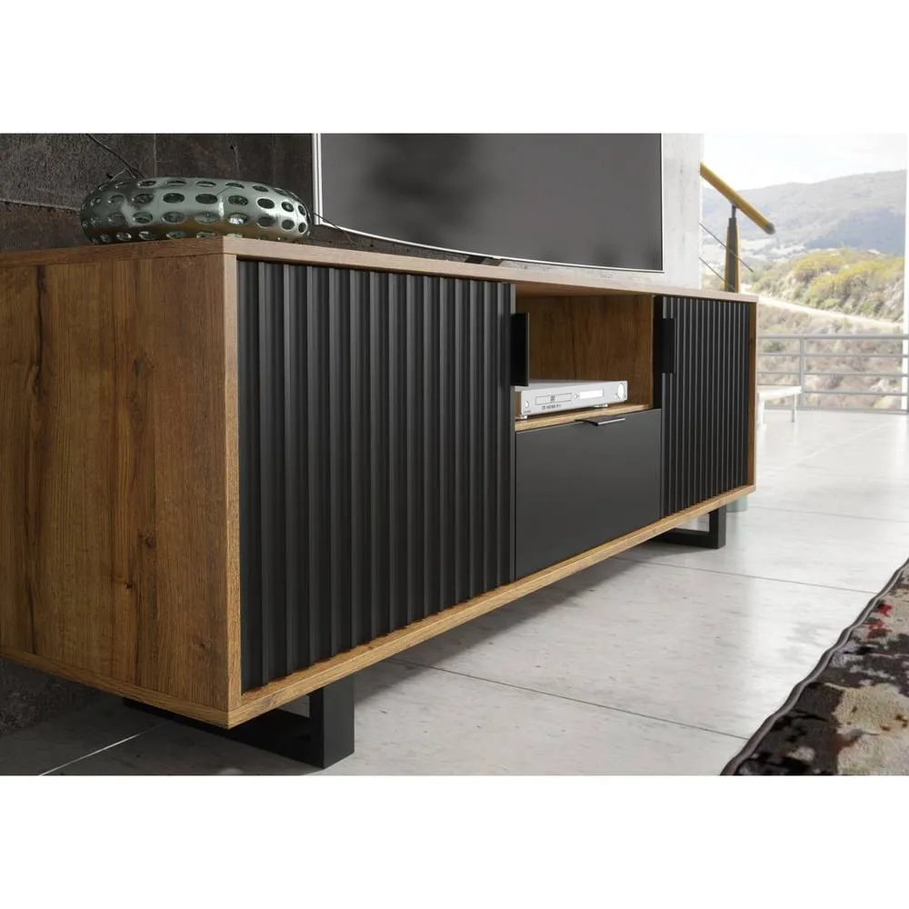 Creative Furniture Blackridge TV Unit 160cm - Dark Oak with Black Fluted Doors & Drawer in Brown 4