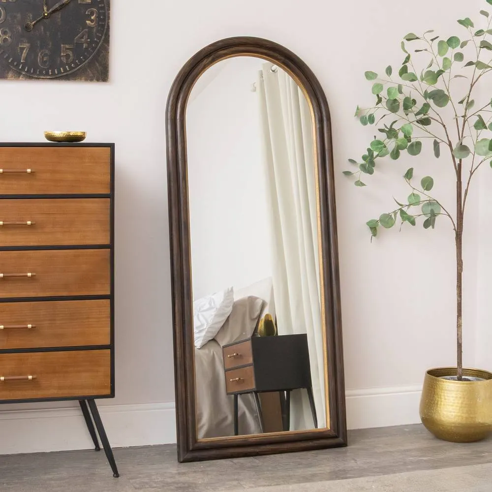 Melody Maison Dark Arched Wood & Gold Framed Wall & Leaner Mirror - 166cm X 70cm in Brown