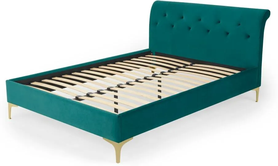 Linnell Double Bed, Seafoam Blue Velvet & Brass