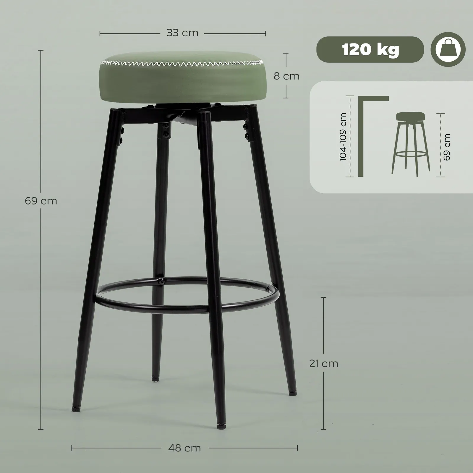 HOMCOM 360 Degree Swivel Bar Stools Set of 2, PU Leather Barstools with Footrest in Green 3