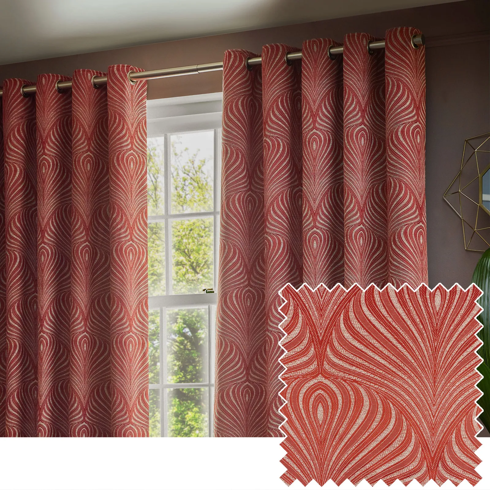 Paoletti Gatsby Jacquard Eyelet Curtains in Terracotta 5