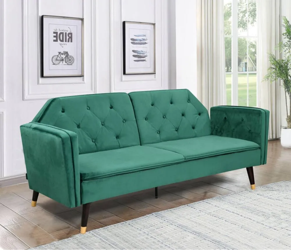 Comfy Living Ltd Plush Velvet Tufted Sofa Bed In Various Colours With Black & Gold Legs in Green 1
