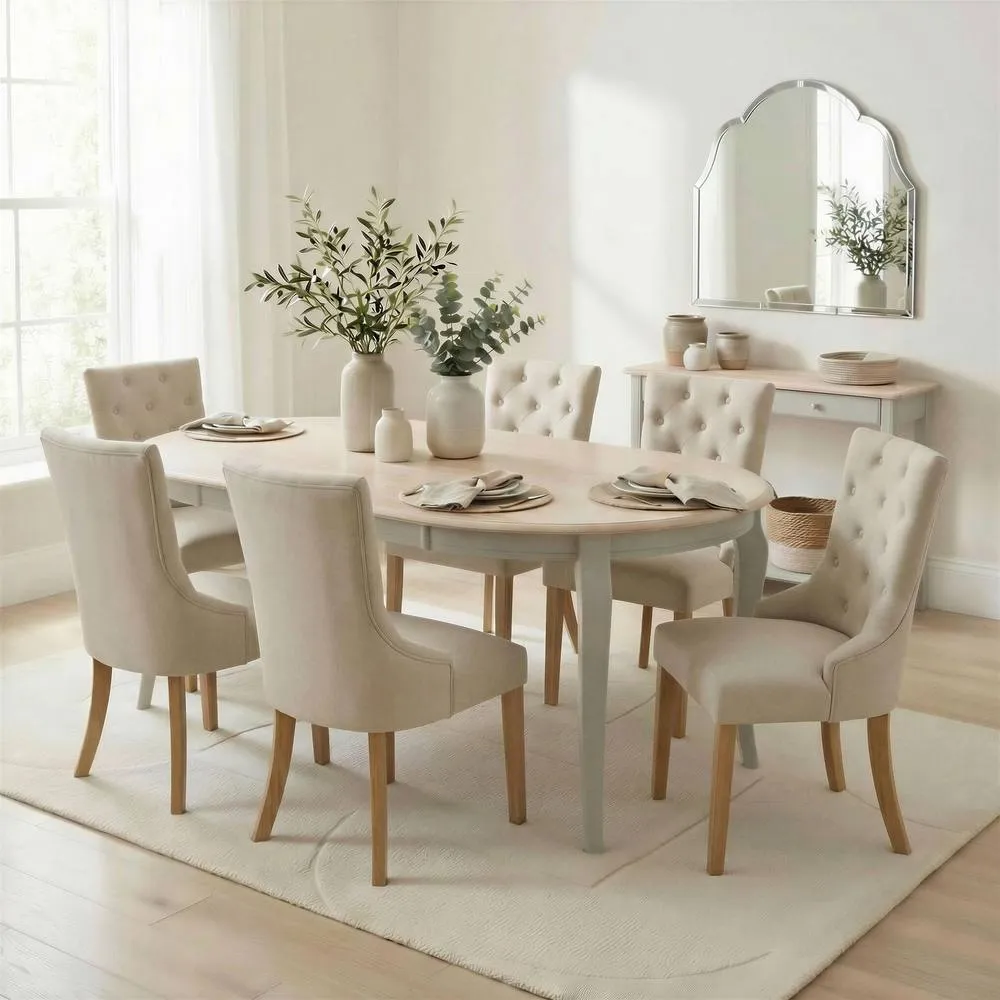 FurnitureboxUK Newport Whitewashed Oval Dining Table 6 Beige Belgravia Chairs in Cream