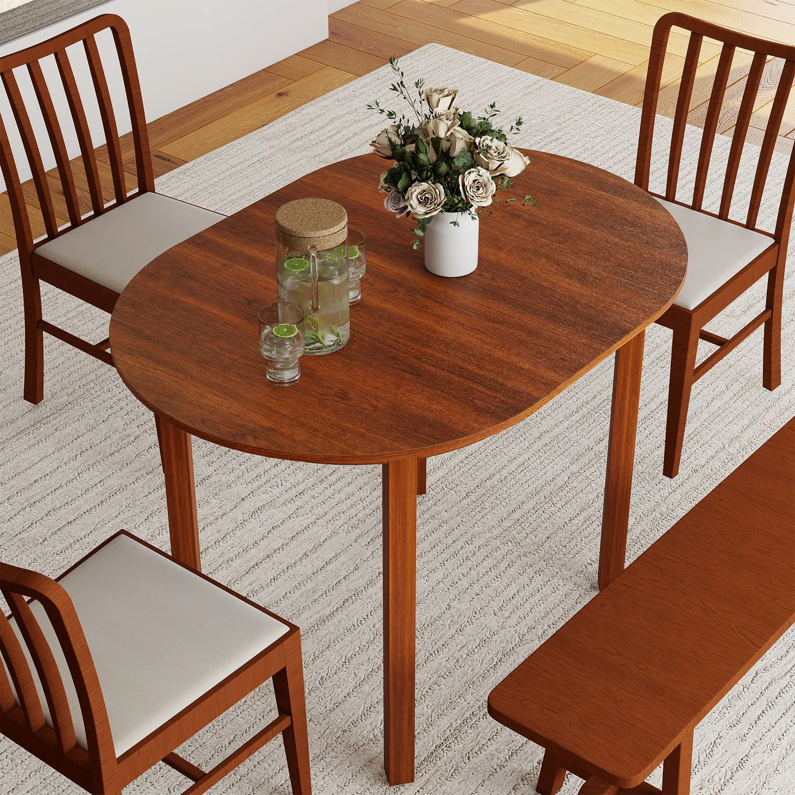 Costway 110CM Wooden Dining Table for 4-6 People Oval Kitchen Table in Walnut 6