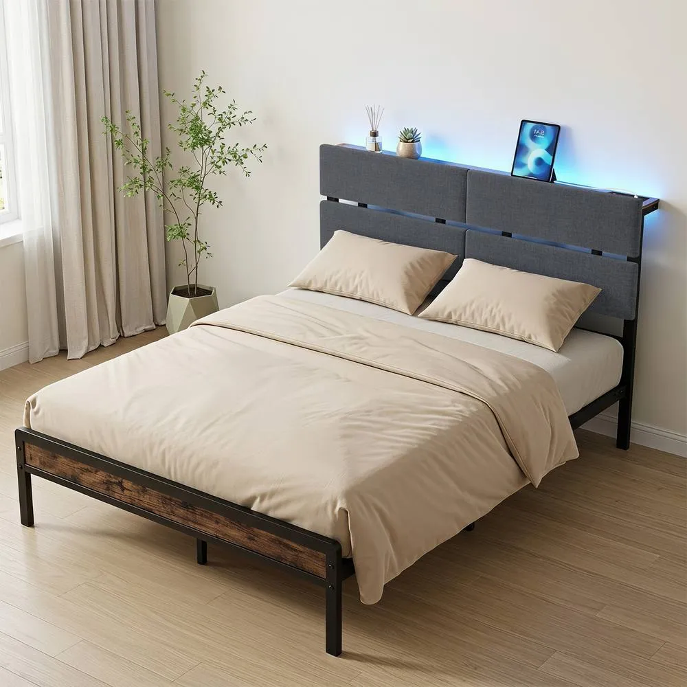 Costway Upholstered Metal Platform Bed Heavy-Duty Slats Support Shelf in Black 5