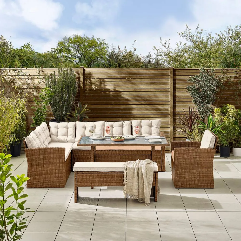 FurnitureboxUK Marbella Textured Grey Rattan Garden Dining Set Grey Cushions 9 Seat Outdoor Sofa, Glass Table Top 145x80cm in Beige 2