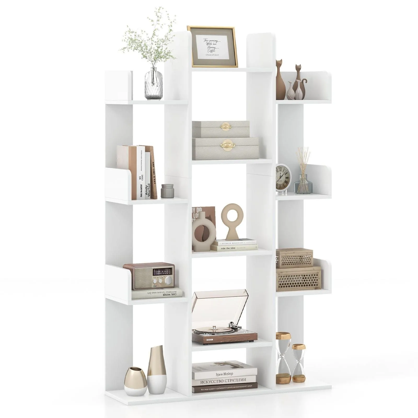 Costway Tree Bookshelf Display Cube Shelf Corner Books Storage Organizer in White