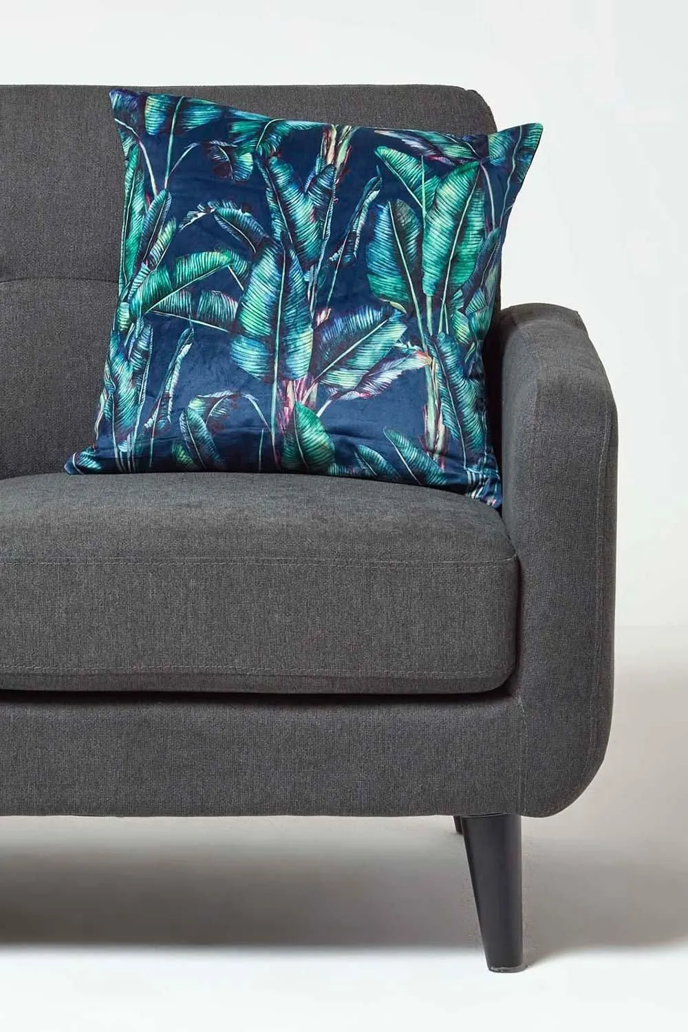 Homescapes Navy Tropical Banana Leaf Velvet Cushion 46 x 46 cm in Teal 3
