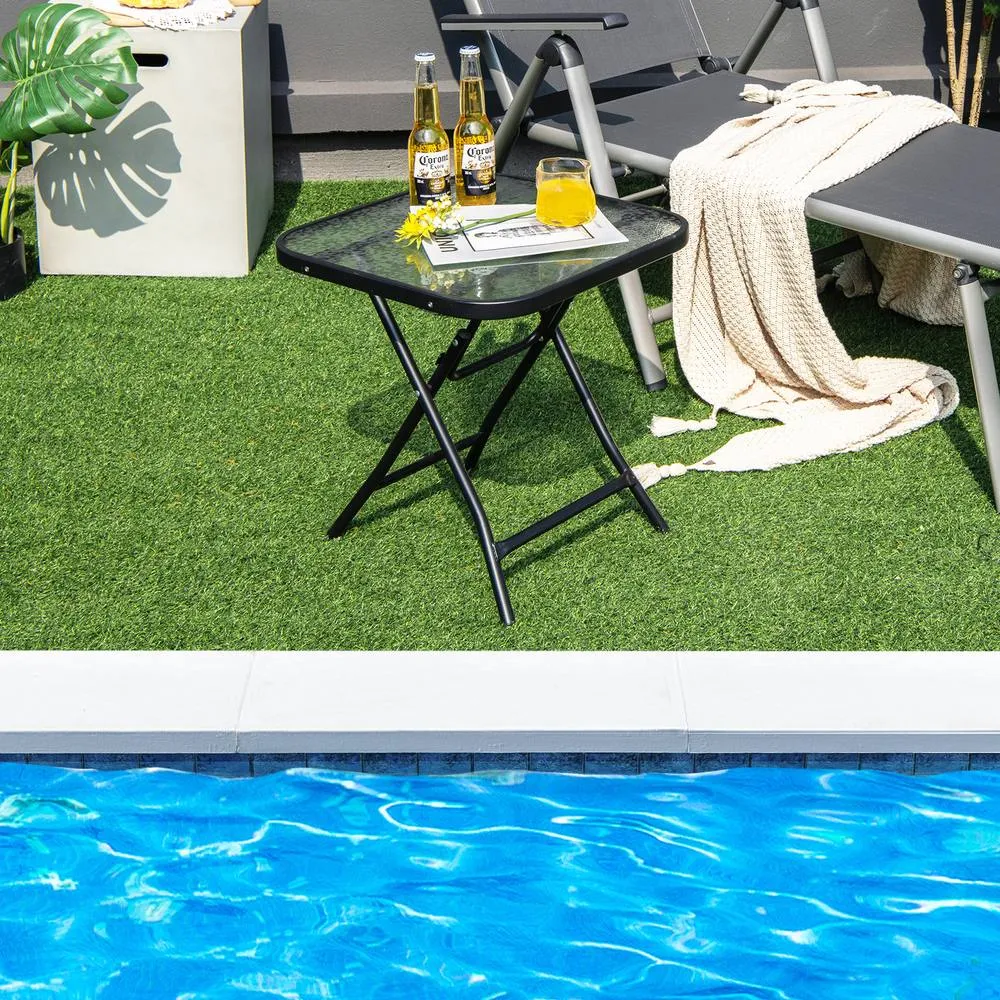 Costway Folding Square Patio Bistro Table Tempered W/ Glass Tabletop Outdoor Coffee Table in Black 6