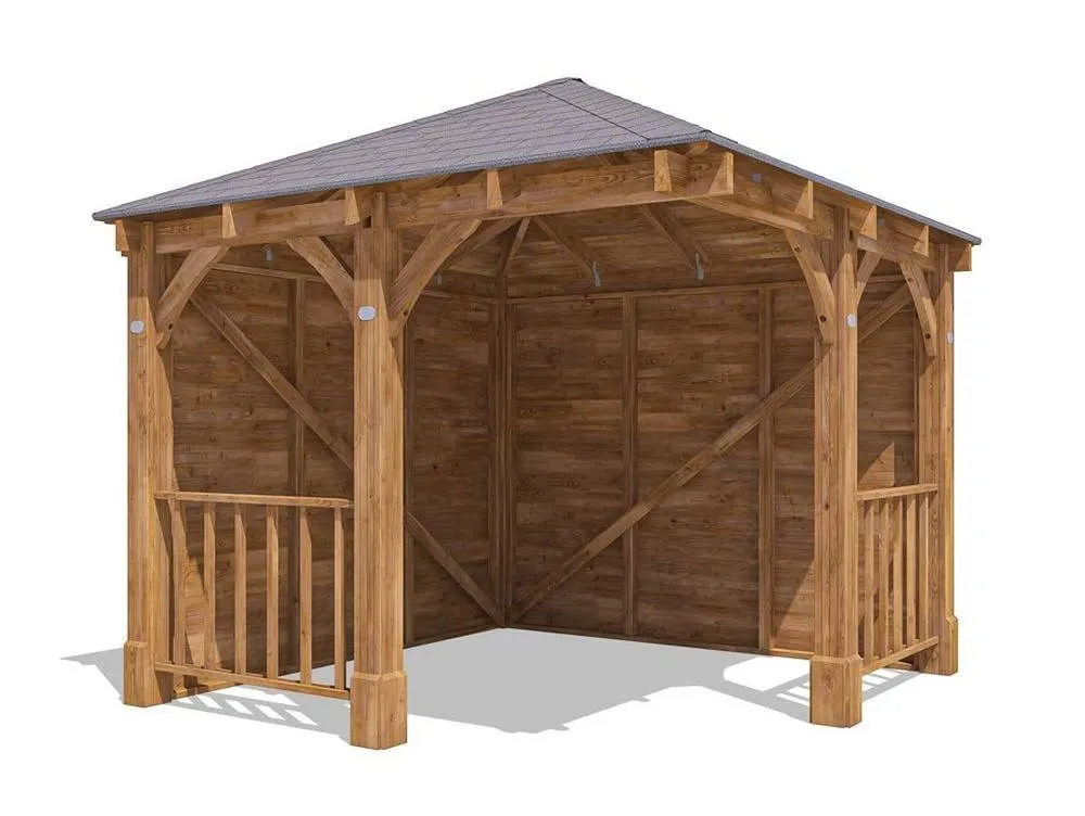 Dunster House Corner Wooden Gazebo with Roof Shingles 3m x 3m - Leviathan in Brown