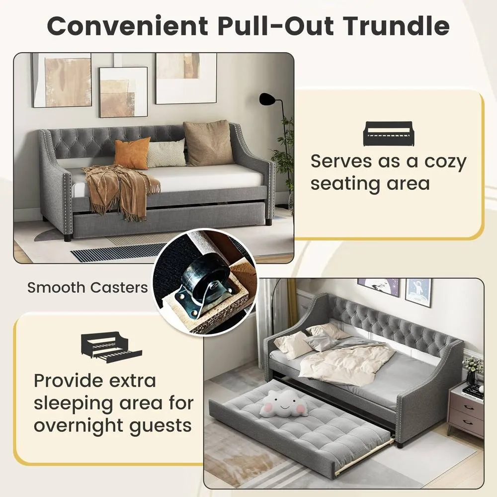 Costway Linen Upholstered Daybed Single Size Trundle Bed Sofa Bed Frame in Grey 5