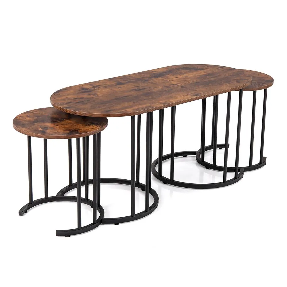 Costway 3PCS Nesting Coffee Table Set 110cm Coffee Table w/ 2 Side Tables in Brown 5