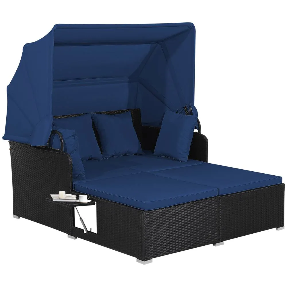 Costway Daybed with Retractable Canopy PE Rattan Wicker Sunbed for 2 Persons in Blue