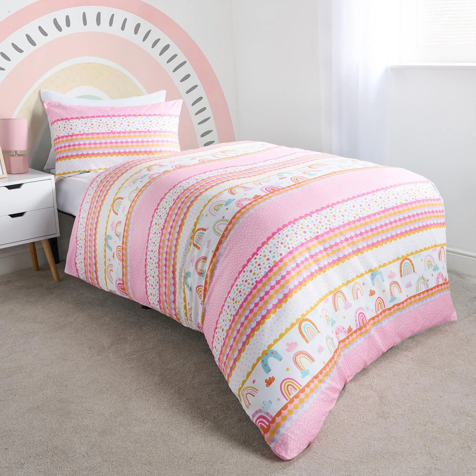 OHS Rainbow Duvet Cover Bedding Set Quilt Pillowcase Reversible in White
