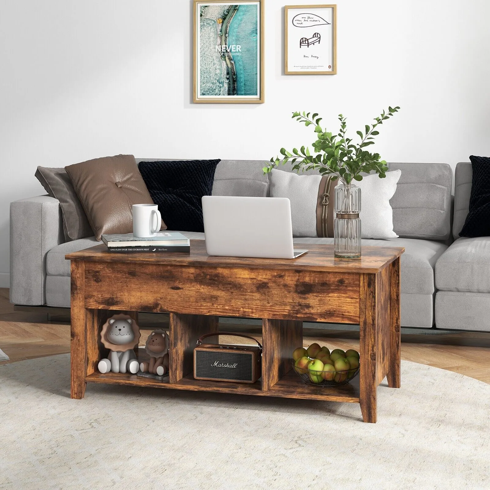 Costway Lift Top Coffee Table Modern Wooden Lift Top Dining Cocktail Table Living Room in Brown 6