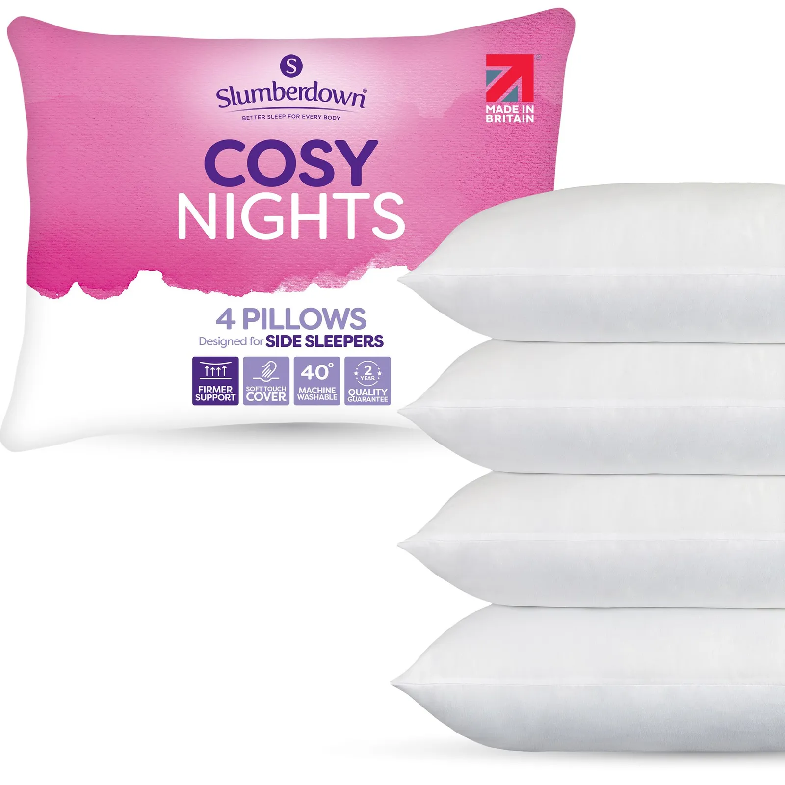 Slumberdown 4 Pack Cosy Nights Firm Support Side Sleeper Pillows in White