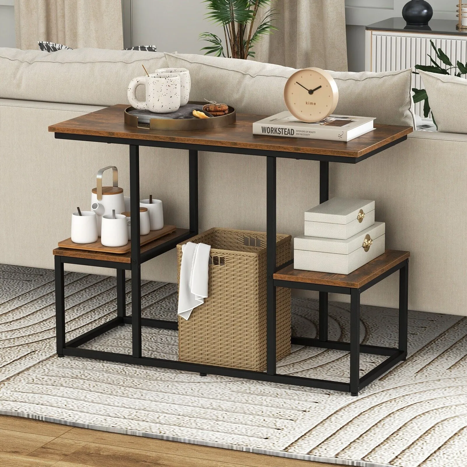 Costway Rustic TV Console Table for 50 Inches TVs Industrial Sofa Table Rack in Brown 3