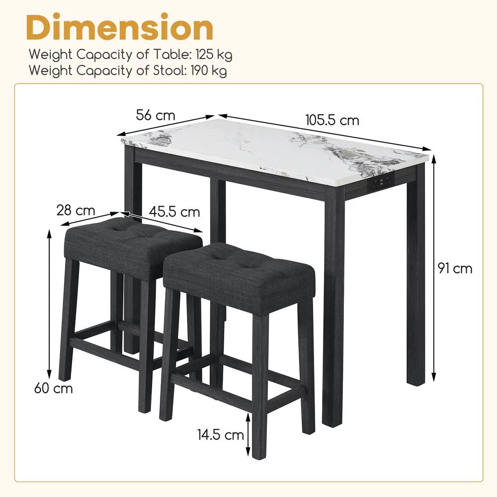 Costway 3PCS Bar Table Set w/ Charging Station Modern Pub Table w/ 2 Stools in White 2
