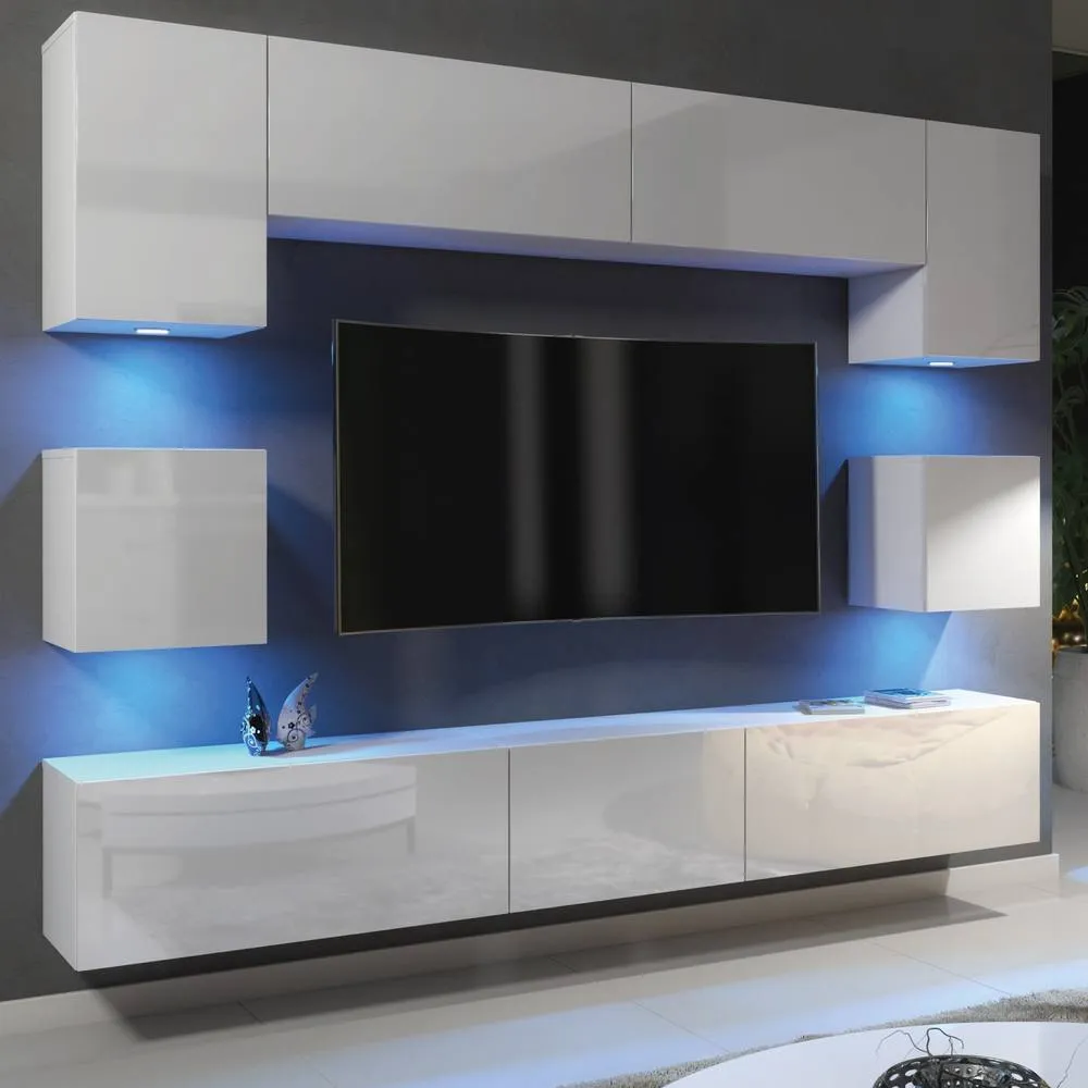 Creative Furniture Panorama Wall TV Unit - White with Gloss Doors + LED Lights 3