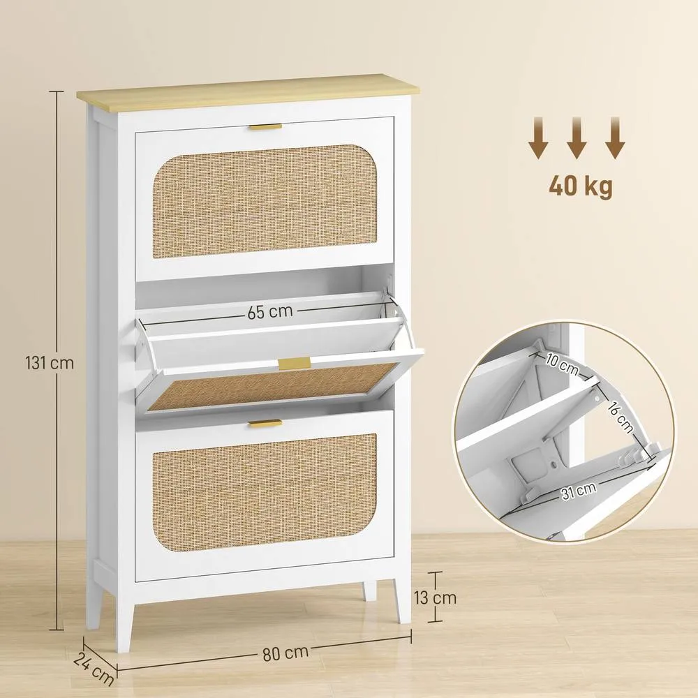 HOMCOM Boho Slim Shoe Cabinet with Rattan Doors, Holds 21 Pairs, White 3