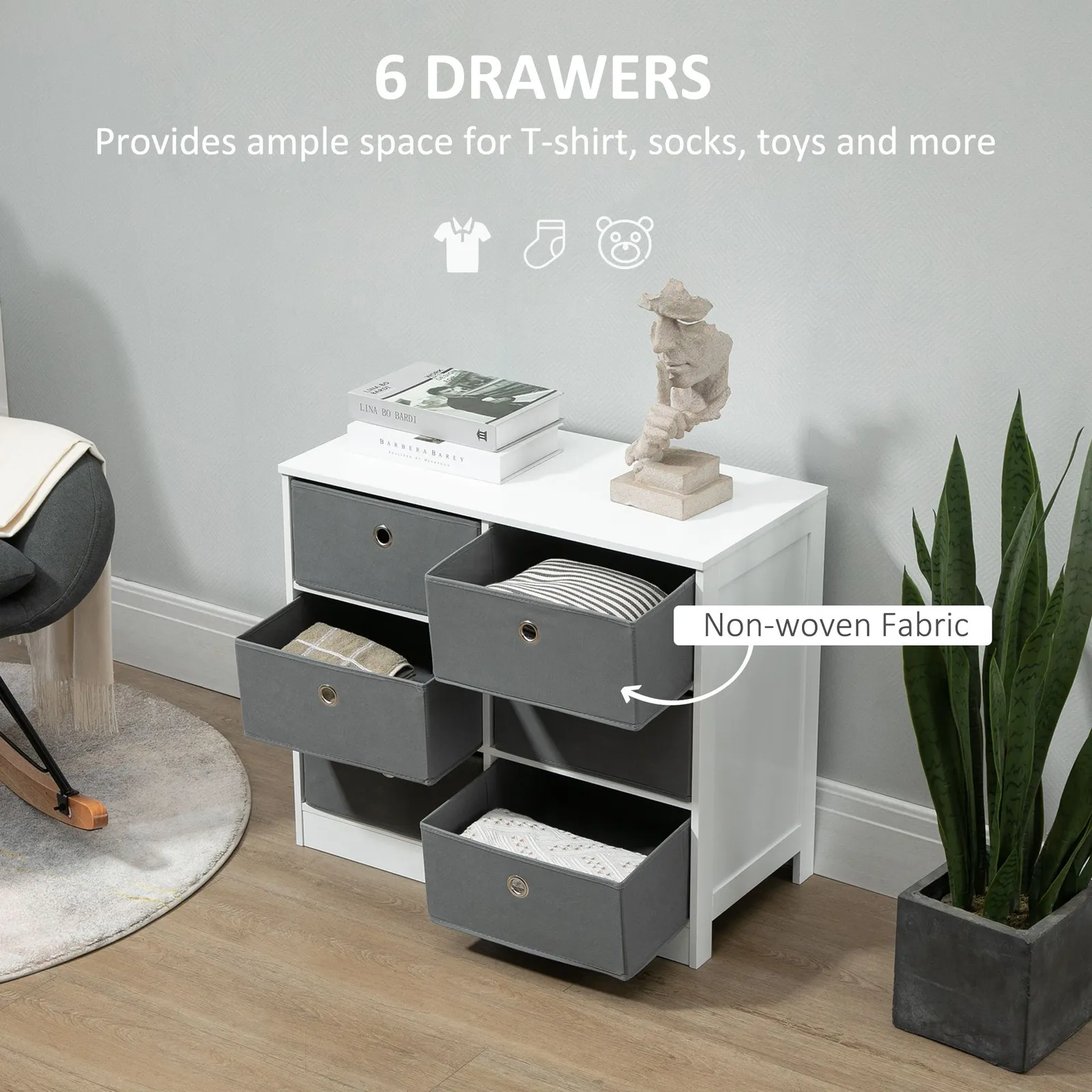 HOMCOM Chests of Drawer Fabric Dresser Storage Cabinet with 6 Drawers in White 4
