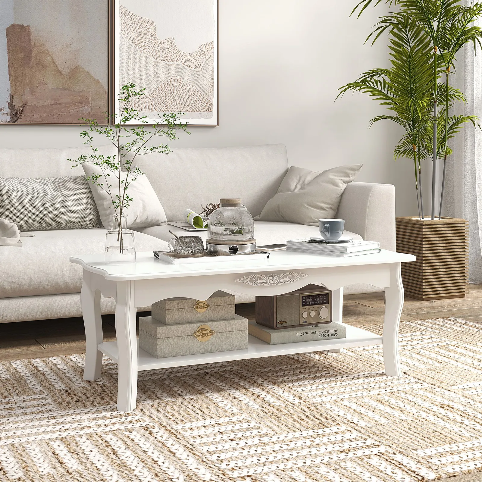 HOMCOM Wooden Coffee Tea Table Modern White Shelf Storage Living Room Home Furniture