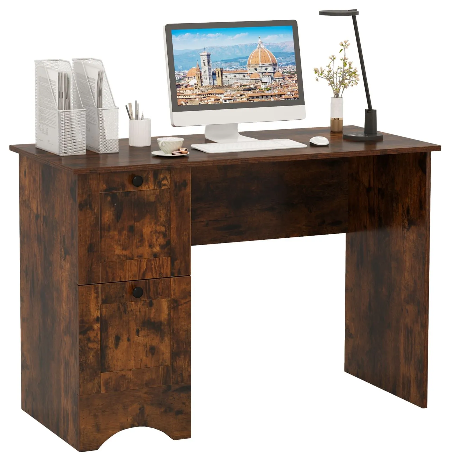 Costway Computer Desk Home Office Writing Study Desk with 2 Drawers-Brown in Brown